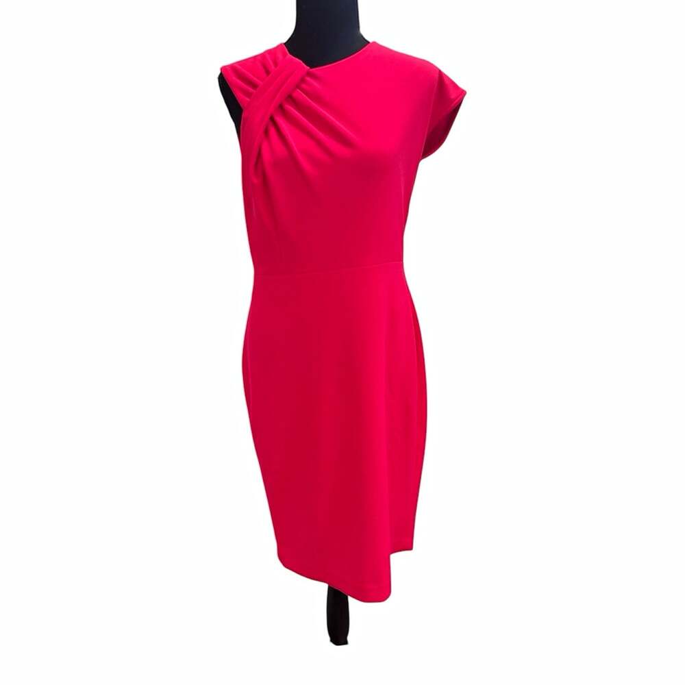 Calvin Klein Pink Pleated Sheath Dress Asymmetrical Neck Cap Sleeve Knee 6